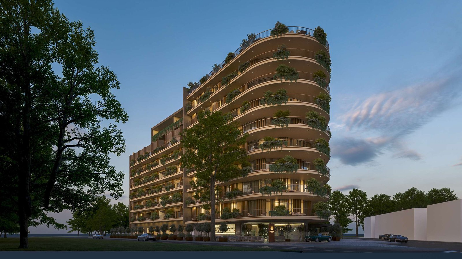 Green Tower Umag — večernji render ulaza u kompleks